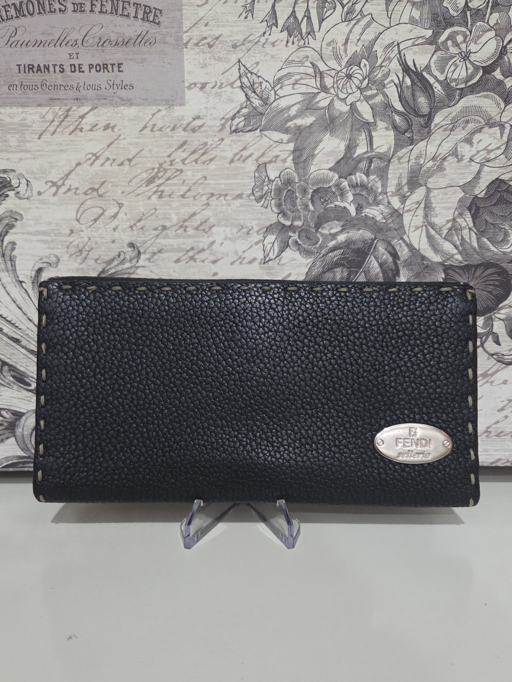 Fendi Black Pebbled Leather Long Wallet with Oval Metal Logo / COA Included